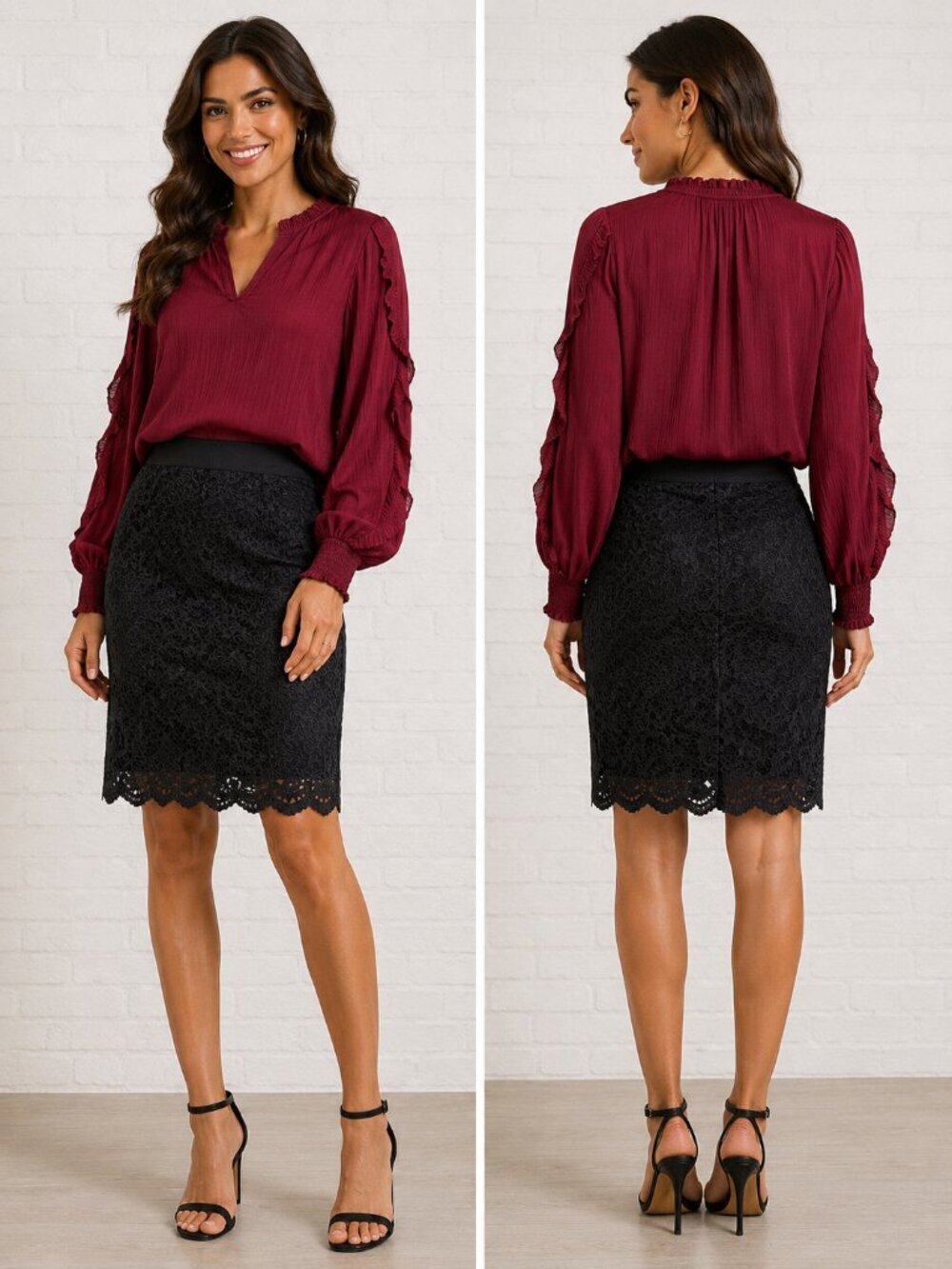 Evereve Ruffle Sleeve Split Neck Blouse Size Large Burgundy Boho Romantic Chic
